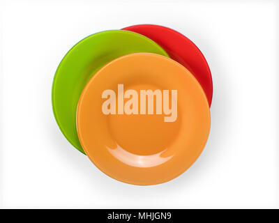 Three colored plates stack top view. Isolated on white, clipping path included Stock Photo