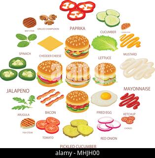Burger ingredient icons set, isometric style Stock Vector