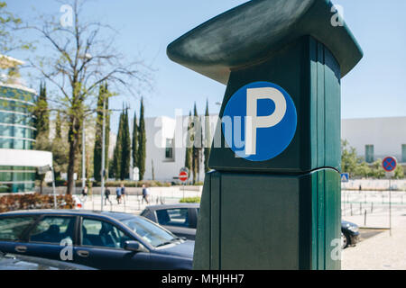 Close-up - machine for paying parking in Lisbon in Portugal. Stock Photo