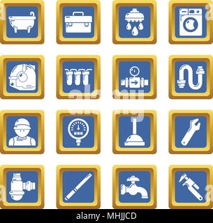 Plumber symbols icons set blue square vector Stock Vector