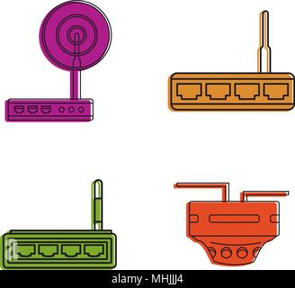 Router icon set, color outline style Stock Vector
