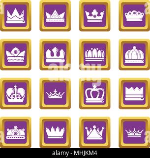 Crown gold icons set purple square vector Stock Vector