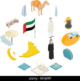 UAE icons set, isometric 3d style Stock Vector