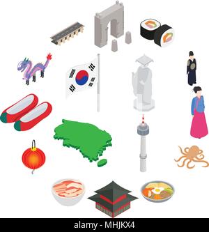 South Korea icons set, isometric 3d style Stock Vector
