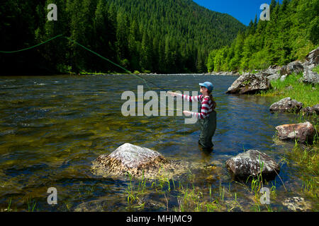 Flyfishing, Lochsa Wild and Scenic River, Northwest Passage Scenic Byway, Clearwater National Forest, Idaho Stock Photo