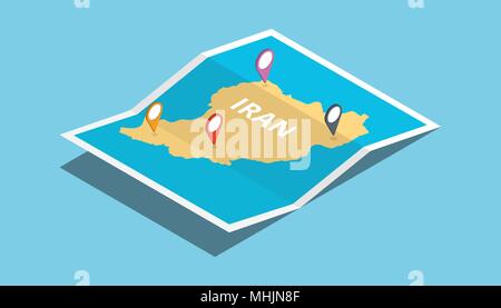 explore iran maps with isometric style and pin location tag on top Stock Vector
