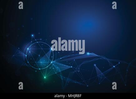 Illustration Abstract Molecules and 3D Mesh with Circles, Lines, Geometric, Polygonal, Triangle pattern. Vector design communication technology on blu Stock Vector