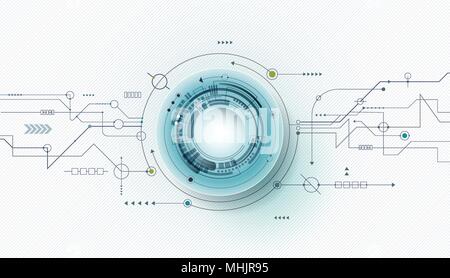 Vector illustration Abstract futuristic eyeball on circuit board, high computer technology. Light green and blue color background Stock Vector