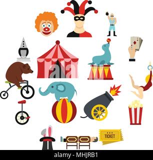 Circus entertainment icons set, flat style Stock Vector