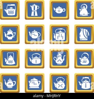 Teapot icons set blue square vector Stock Vector