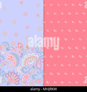 Indian pattern set, bright floral ornaments. Hand drawn texture for clothes, bedclothes, fabric of the dress etc. Delicate pink and blue Stock Vector
