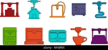 Printer 3d icon set, color outline style Stock Vector