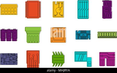 Chip icon set, color outline style Stock Vector