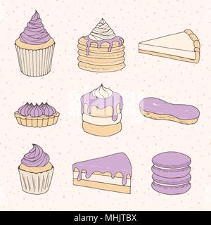 Vector pastry collection of cakes, pies, tarts, muffins, macarons and eclairs with purple blueberry topping and cream. Hand drawn sweet bakery product Stock Vector