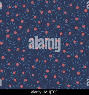 Hand drawn vector floral seamless pattern with branches, leaves and red berries on the blue background.  Abstract decoration with plants. Stock Vector