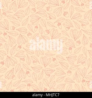 Vector hand drawn pattern with red autumn oak leaves and acorns contours on the beige background. Fall ornament with foliage. Stock Vector