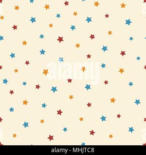 Vector abstract starry seamless pattern on the beige background. Cute blue, red and orange  stars. Stock Vector