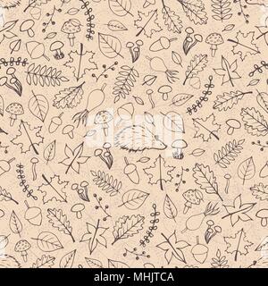 Vector hand drawn seamless pattern with autumn elements contours: foliage, berries, acorns, mushrooms, oak and maple leaves, rosehips and hedgehogs. F Stock Vector