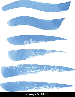 Vector set of hand painted blue grungy texture brush strokes of different shapes isolated on the white background. Stock Vector