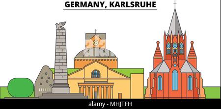 Germany, Karlsruhe. City skyline, architecture, buildings, streets, silhouette, landscape, panorama, landmarks. Editable strokes. Flat design line vector illustration concept. Isolated icons Stock Vector