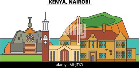 Kenya, Nairobi. City skyline, architecture, buildings, streets, silhouette, landscape, panorama, landmarks. Editable strokes. Flat design line vector illustration concept. Isolated icons Stock Vector