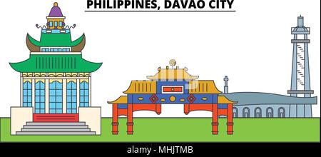 Philippines, Davao City. City skyline, architecture, buildings, streets, silhouette, landscape, panorama, landmarks. Editable strokes. Flat design line vector illustration concept. Isolated icons Stock Vector