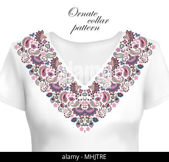 Vector design for collar shirts, shirts, blouses. Colorful ethnic flowers neck. Paisley decorative border. Ornate collar pattern. Pastel blue pink beige Stock Vector