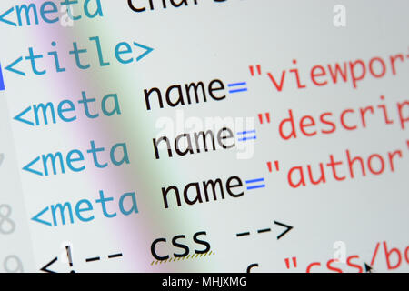 Real Html code developing screen. Programing workflow abstract algorithm concept. Lines of Html code visible. Stock Photo