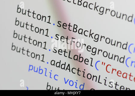 Real Java code developing screen. Programing workflow abstract algorithm concept. Lines of Java code visible . Stock Photo