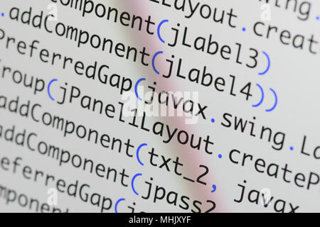 Real Java code developing screen. Programing workflow abstract algorithm concept. Lines of Java code visible . Stock Photo