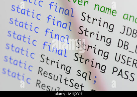 Real Java code developing screen. Programing workflow abstract algorithm concept. Lines of Java code visible . Stock Photo