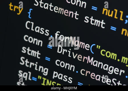 Real Java code developing screen. Programing workflow abstract algorithm concept. Lines of Java code visible . Stock Photo