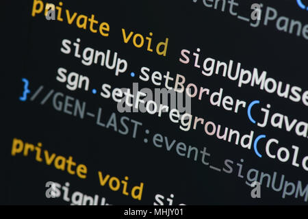Real Java code developing screen. Programing workflow abstract algorithm concept. Lines of Java code visible . Stock Photo