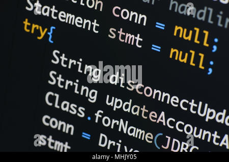 Real Java code developing screen. Programing workflow abstract algorithm concept. Lines of Java code visible . Stock Photo