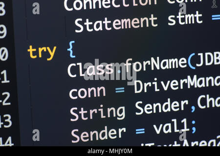 Real Java code developing screen. Programing workflow abstract algorithm concept. Lines of Java code visible . Stock Photo