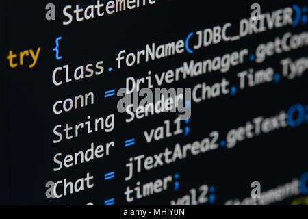 Real Java code developing screen. Programing workflow abstract algorithm concept. Lines of Java code visible . Stock Photo