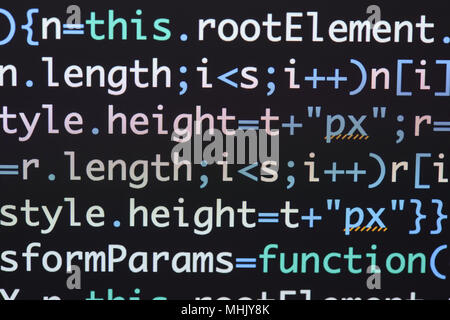 Real Java Script code developing screen. Programing workflow abstract algorithm concept. Closeup of Java Script and HTML code. Stock Photo