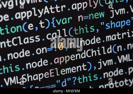 Real Java Script code developing screen. Programing workflow abstract algorithm concept. Closeup of Java Script and HTML code. Stock Photo
