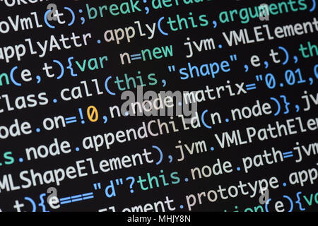 Real Java Script code developing screen. Programing workflow abstract algorithm concept. Closeup of Java Script and HTML code. Stock Photo