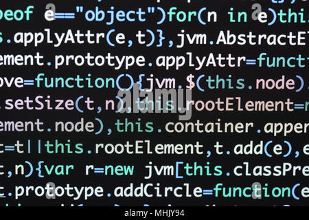Real Java Script code developing screen. Programing workflow abstract algorithm concept. Closeup of Java Script and HTML code. Stock Photo