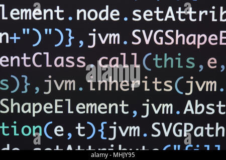 Real Java Script code developing screen. Programing workflow abstract algorithm concept. Closeup of Java Script and HTML code. Stock Photo