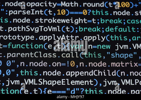 Real Java Script code developing screen. Programing workflow abstract algorithm concept. Closeup of Java Script and HTML code. Stock Photo