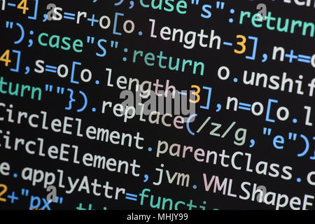 Real Java Script code developing screen. Programing workflow abstract algorithm concept. Closeup of Java Script and HTML code. Stock Photo