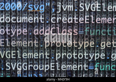 Real Java Script code developing screen. Programing workflow abstract algorithm concept. Closeup of Java Script and HTML code. Stock Photo