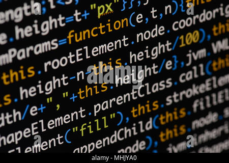 Real Java Script code developing screen. Programing workflow abstract algorithm concept. Closeup of Java Script and HTML code. Stock Photo
