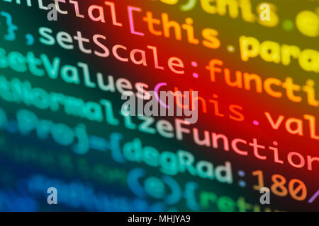 Real Java Script code developing screen. Programing workflow abstract algorithm concept. Closeup of Java Script and HTML code. Stock Photo