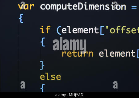 Real Java Script code developing screen. Programing workflow abstract algorithm concept. Closeup of Java Script and HTML code. Stock Photo