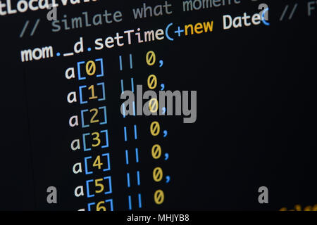 Real Java Script code developing screen. Programing workflow abstract algorithm concept. Closeup of Java Script and HTML code. Stock Photo