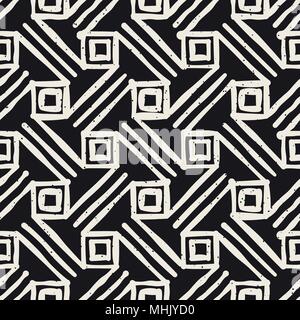 Hand drawn style ethnic seamless pattern. Abstract grungy geometric shapes background in black and white. Stock Vector