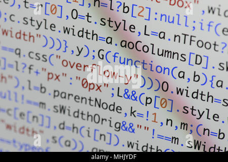 Real Java Script code developing screen. Programing workflow abstract algorithm concept. Closeup of Java Script and HTML code. Stock Photo